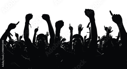 A powerful black and white silhouette of a massive crowd with raised hands expressing unity, protest, or celebration.