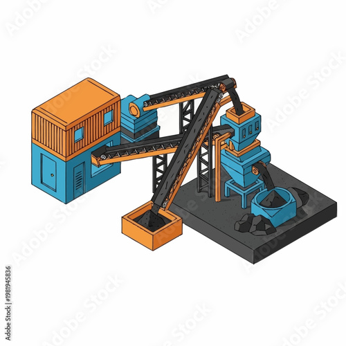 Isometric illustration of a coal processing plant with conveyor belts and machinery.