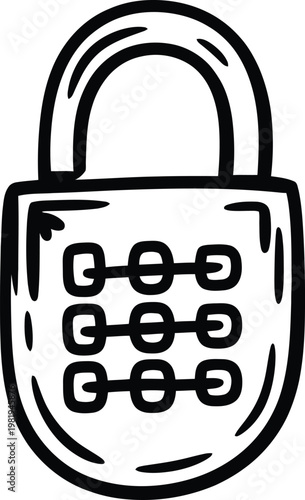 Hand drawn padlock with numeric combination code for digital security and personal safety protective equipment