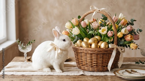Easter Bunny and Basket: A charming Easter scene with a fluffy bunny gazing at a beautiful basket filled with colorful spring flowers and golden eggs, creating a joyful seasonal display.