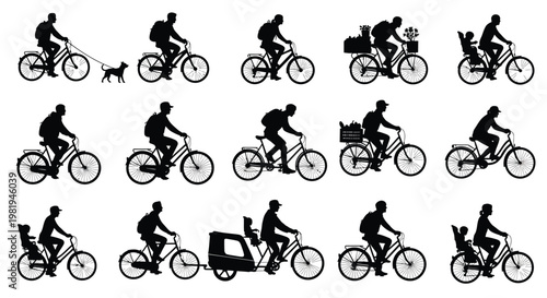 Multiple black silhouettes showing diverse people riding bicycles in various everyday urban life and travel activity scenarios