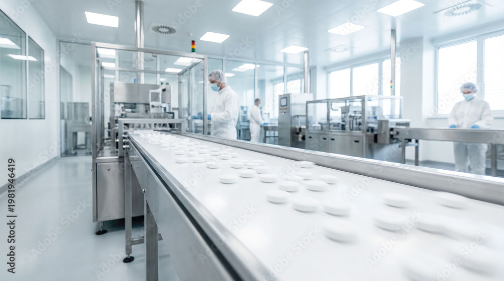 Obraz premium Pharmaceutical production line with workers in white coats and masks inspecting tablets on conveyor belt inside a cleanroom facility