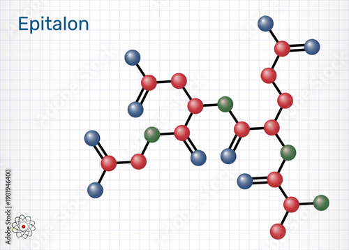 Epitalon tetrapeptide molecule. Synthetic peptide Ala-Glu-Asp-Gly structure. Anti-aging compound and telomerase activator for longevity research. Sheet of paper in a cage. Molecular model