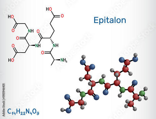 Epitalon tetrapeptide molecule. Synthetic peptide Ala-Glu-Asp-Gly structure. Anti-aging compound and telomerase activator for longevity research. Structural chemical formula, molecule model