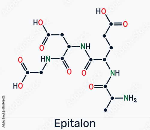 Epitalon tetrapeptide molecule. Synthetic peptide Ala-Glu-Asp-Gly structure. Anti-aging compound and telomerase activator for longevity research. Skeletal chemical formula