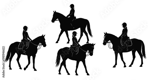 Black silhouettes of female equestrian riders on their horses, depicted in various classic training poses.