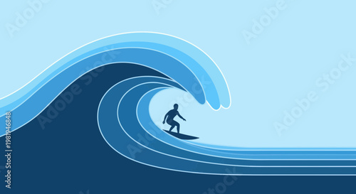 Surfer Silhouette Riding a Giant Blue Wave, Extreme Ocean Sport