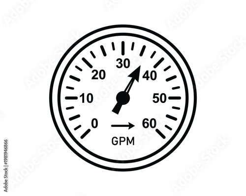 Flow meter dial indicating 38 GPM with clear numbers and arrow, accurate measurement