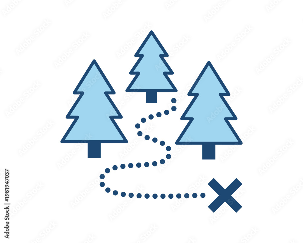 Fototapeta premium Forest path to treasure map vector design with trees and dotted line