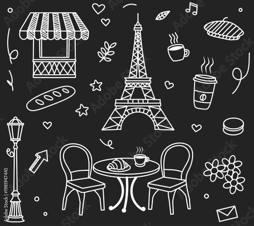 Parisian Night Cafe and Eiffel Tower Chalkboard Style Doodle Set