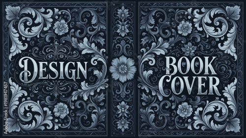 A dark blue ornate book cover displays elegant floral patterns and text "DESIGN BOOK COVER".