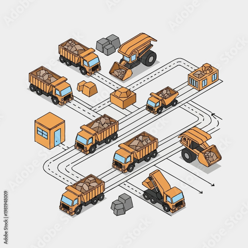 Isometric illustration of a mining operation with trucks, excavators, and buildings.