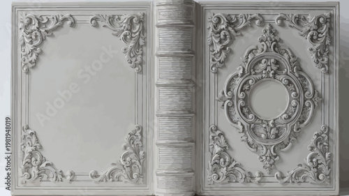 A pristine white book cover showcases elaborate ornamental patterns with blank framed sections.