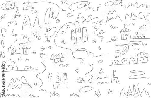 Hand drawn sketch map featuring whimsical castles mountains and trees for children storytelling and education