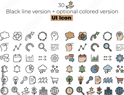 30 Modern Line and Color UI Icon Set
Description: A versatile collection of 30 user interface icons available in both minimalist black line and colored versions. Featuring common navigation