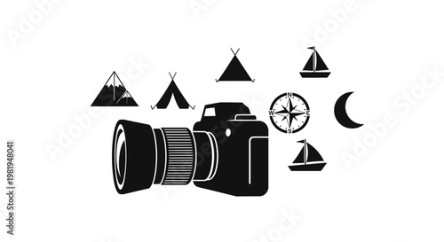 Black and white camera icon graphic.
