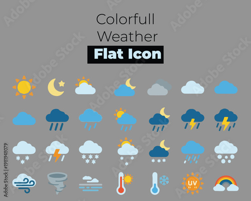 Colorful Weather Forecast Flat Icon Set
Description: A comprehensive set of weather icons depicting various meteorological conditions including sunny, rainy, thunder, snow, and cloudy. Features a clea