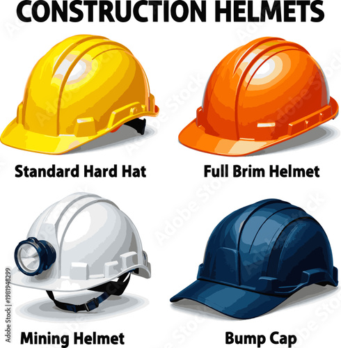 Isolated a realistic kinds of deferent Construction Helmet vector art with white background.