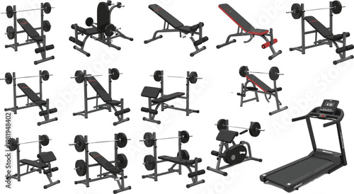 Gym Equipment Illustration Set with Weight Machines, Treadmill, and Exercise Gear for Fitness, Training, and Workout Designs