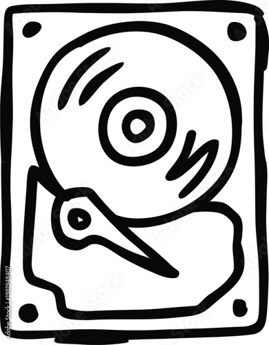 Hand drawn sketch of a computer hard drive showing internal storage platter and reading arm mechanism