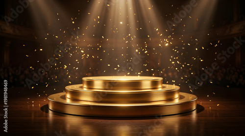 Golden Stage of Prestige: A luxurious, tiered golden stage, basking in a heavenly light with shimmering golden confetti, is the epitome of elegance and achievement.
