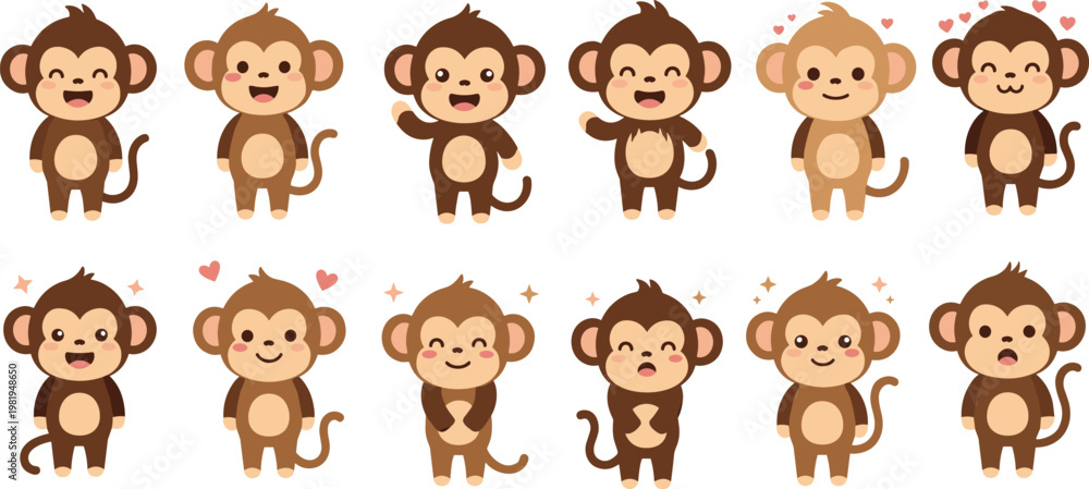 Fototapeta premium Cute Baby Monkey Cartoon Set with Adorable Expressions, Smiling and Loving Gestures, Kawaii Animal Characters Collection, Kids Vector Illustration Design.