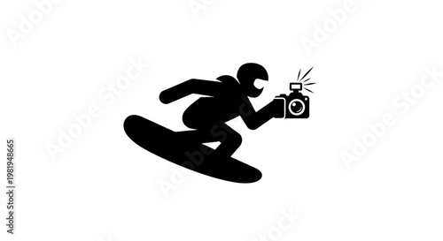Man riding snowboard with camera.