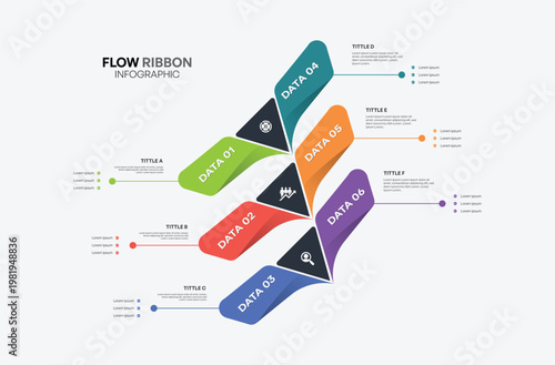 Flow ribbon infographic with colorful shapes design and dynamic angled layout for business planning