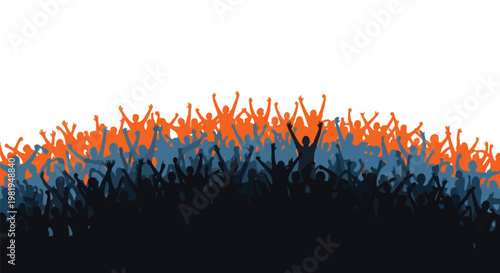 Energetic crowd of cheering people raising their hands together in celebration during a large live music event