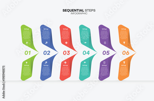 Colorful 6-Step Sequential Infographic with Modern Design, Arrows, Icons, and Numbered Flow for Business, Process, Timeline, or Presentation Visuals