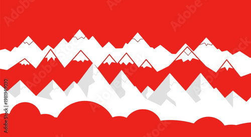 Snowcapped Mountain Silhouette Against Red Sky.