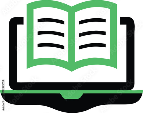 Green open book on laptop on white background