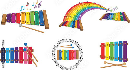 Xylophone Illustration Set with Rainbow Colors, Musical Notes, and Mallets for Music, Fun, and Education Designs