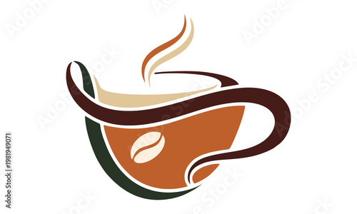 A steaming hot cup of coffee with a bean on the side