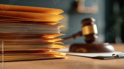 Obraz Stunning photo of stack of legal folders and documents next to a wooden judge's gavel on a table, symbolizing law and justice.