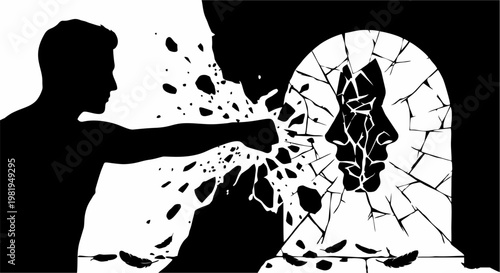 Minimalist vector illustration featuring silhouetted hands holding cracked heart with falling fragments, symbolizing pain, loss, fragility, and negative space design.