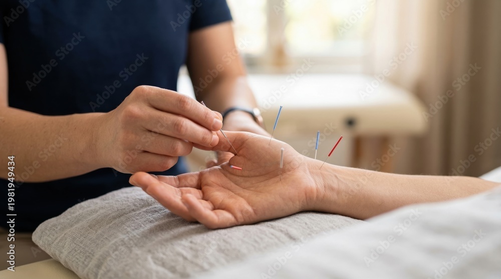 Fototapeta premium A practitioner skillfully performs acupuncture therapy by inserting needles into a patient's wrist, promoting relaxation and holistic healing.