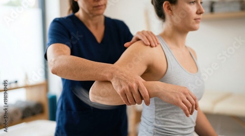 A focused female physical therapist helps a patient with shoulder rehabilitation exercises, promoting healing and mobility in a bright clinic setting.