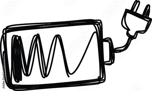 Hand drawn sketch of a rechargeable battery icon connected to an electric plug for power energy