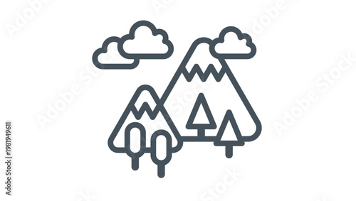 Minimalist vector icon of a mountain landscape featuring snow-capped peaks, evergreen and deciduous trees, and fluffy clouds, clean black line art illustration for nature and travel designs.