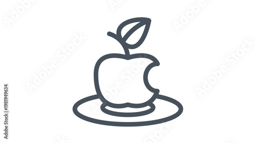 Minimalist bitten apple with leaf on a plate vector icon illustration. Black line art symbol of a healthy fruit snack, food waste, or breakfast, isolated on white for web and graphic design.