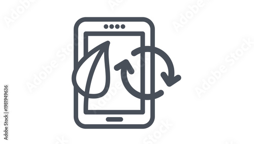 Eco-friendly smartphone vector icon illustration featuring a mobile device with a leaf and circular recycle arrows, representing sustainable technology, green mobile apps, and electronic recycling.