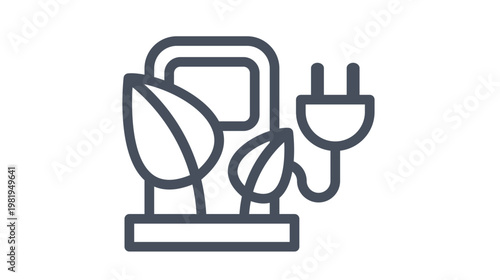 Green energy charging station vector icon featuring a fuel pump with leaves and an electric plug, symbolizing sustainable transportation, eco-friendly biofuel, and environmental conservation.