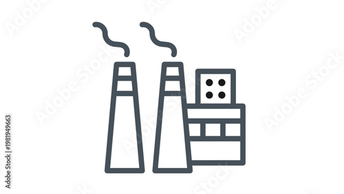 Black vector icon of an industrial factory or power plant with smoking chimneys and manufacturing facility building, minimalist line art illustration for business and industry concepts.