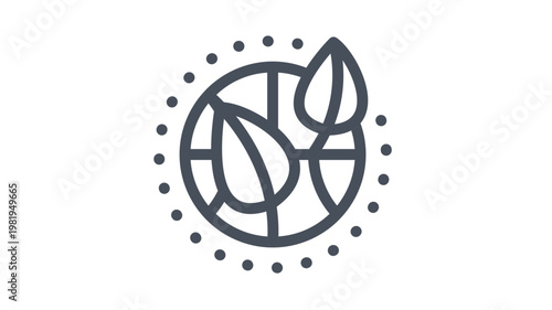 Eco-friendly black vector icon illustration of a globe with two leaves and a dotted circular border, symbolizing environmental sustainability, nature conservation, and green earth initiatives.