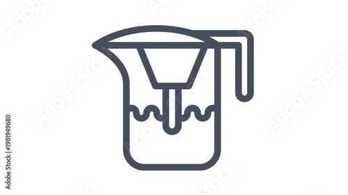 Minimalist black vector icon of a water filter pitcher with internal filtration cartridge and wavy water level line, isolated on white background for clean drinking water concept illustration.
