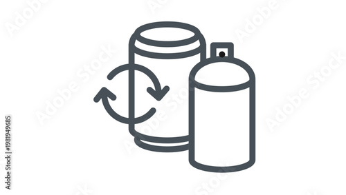 Metal can recycling vector icon illustration. Black line symbol featuring a soda can and aerosol spray bottle with circular arrows, representing waste management, sustainability, and ecology.