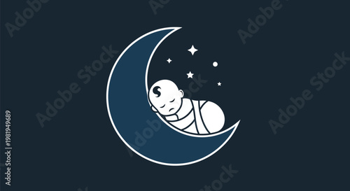 Sleeping Baby on Crescent Moon with Stars.