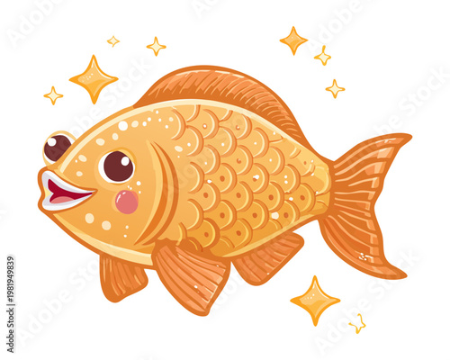 Happy little fish shaped bread pastry with decorative stars and sparkles for delicious bakery shop branding material - Vector Illustration