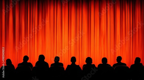 Empty theater stage audience silhouette performance spotlight dramatic lighting curtain hall auditorium show entertainment event anticipation dark atmosphere live venue concept